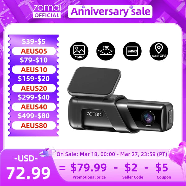 Gravador de Câmera 70mai-Car DVR Dash, M500 1944P 170FOV, GPS, ADAS, Monitor de Estacionamento 24H, eMMC, Armazenamento Embutido