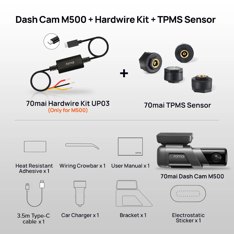 Gravador de Câmera 70mai-Car DVR Dash, M500 1944P 170FOV, GPS, ADAS, Monitor de Estacionamento 24H, eMMC, Armazenamento Embutido