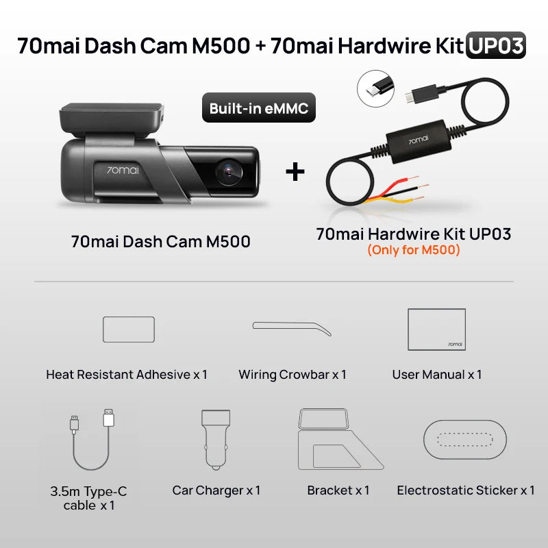 Gravador de Câmera 70mai-Car DVR Dash, M500 1944P 170FOV, GPS, ADAS, Monitor de Estacionamento 24H, eMMC, Armazenamento Embutido