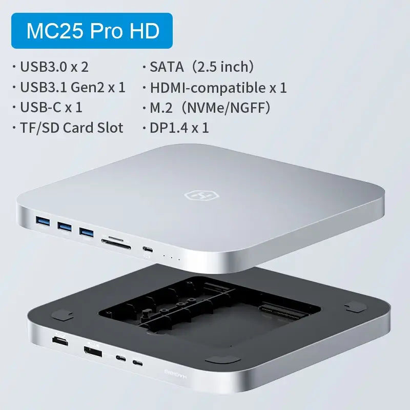 Hagibis-Hub USB C com Gabinete de Disco Rígido, Docking Station Tipo C, 2.5 SATA, NVME M.2 SSD Case, 4K DP, USB 3.0, M1, M2 para Mac Mini, Mini