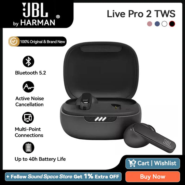 JBL-Live Pro 2 TWS ANC Fone de Ouvido Bluetooth 5.2, Conexão dupla, IPX5 Impermeável, 40h Playtime, Oficial