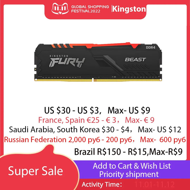 Kingston hyperx fúria ddr4 rgb de memória 2666mhz 3200mhz ddr4 cl15 1.2v dimm 8gb 16gb memoria ram para desktop