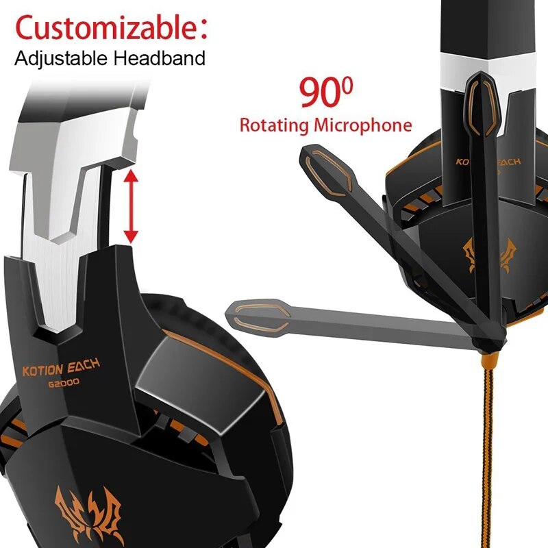 Kotion each-headphone para jogos de computador g2000, fones de ouvido estéreo, para pc, notebook, ps4, com luz led, grave profundo