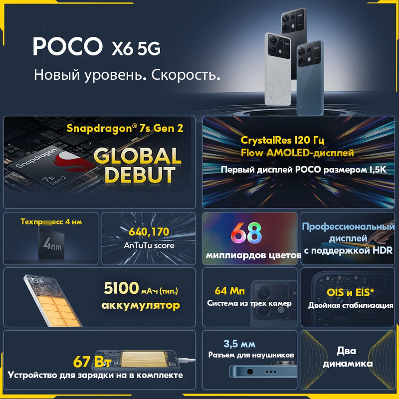 [Lançamento mundial] POCO X6 5G Snapdragon 7s Gen 2 Smartphone 120Hz Flow AMOLED Tela Câmera Tripla de 64 MP com OIS 67W de Carregamento rápido NFC
