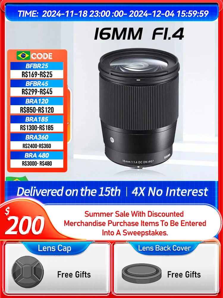 Lente principal para câmera sem espelho Sigma, grande angular, Usado, Canon M6 II, Sony ZVE10, A6400, Fujifilm XT5, 16mm, F1.4, DC, DN, APS-C