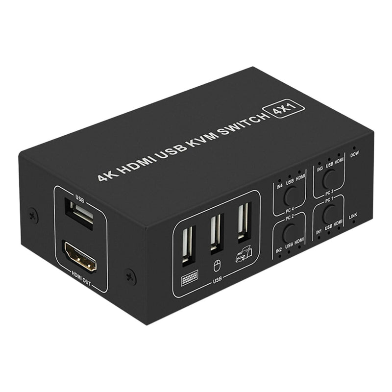 Liga de alumínio Switcher universal para computador, 4K KVM, estável, estável, 4 portas, USB, mouse, teclado, hub