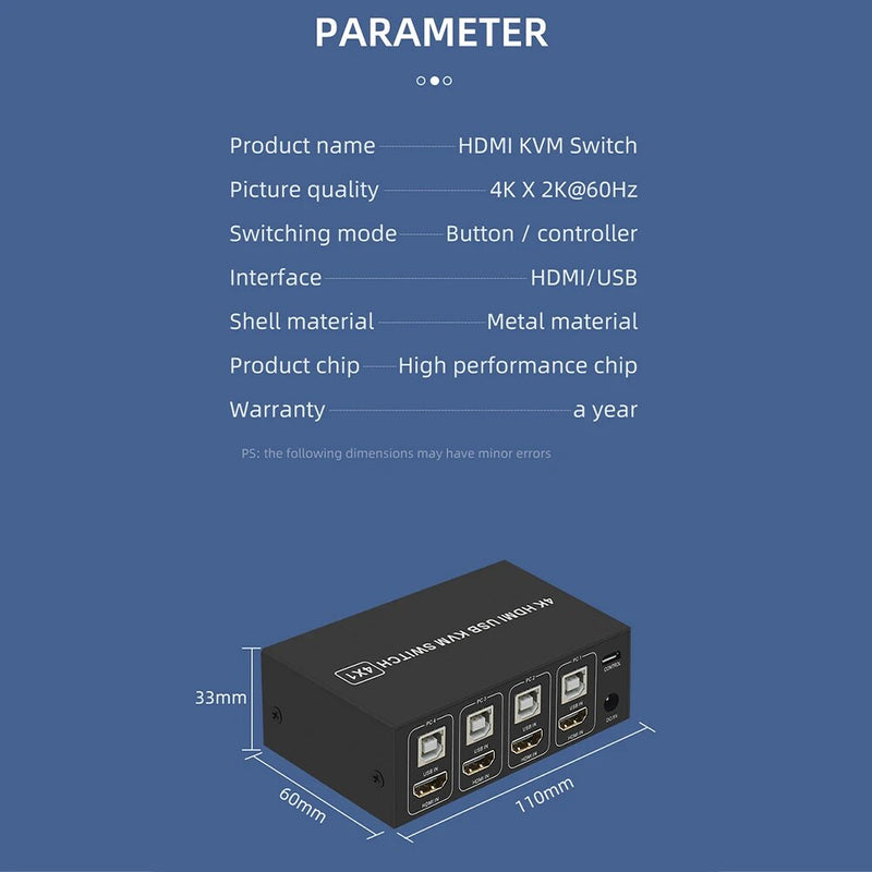 Liga de alumínio Switcher universal para computador, 4K KVM, estável, estável, 4 portas, USB, mouse, teclado, hub