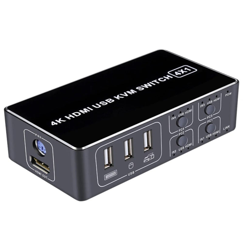 Liga de alumínio Switcher universal para computador, 4K KVM, estável, estável, 4 portas, USB, mouse, teclado, hub
