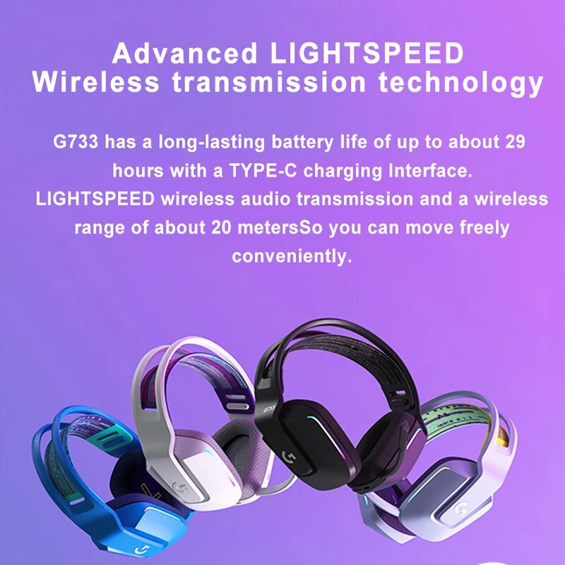 Logitech-G733 Auscultadores Sem Fio Lightspeed, RGB, DTS, X2.0, 7.1 Surround Sound, Auscultadores Ultraleves para PC Gamers