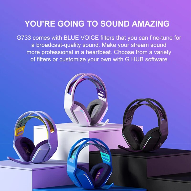 Logitech-G733 Auscultadores Sem Fio Lightspeed, RGB, DTS, X2.0, 7.1 Surround Sound, Auscultadores Ultraleves para PC Gamers