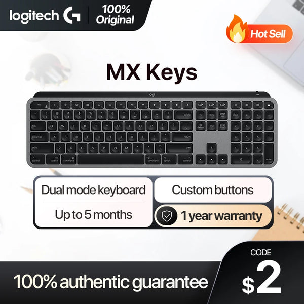 Logitech MX Keys Teclado sem Fio, Bluetooth, Office, 104 Teclas, Recarregável, Retroiluminado, Ultrafino, Silencioso, Portátil, Executivo para PC, Laptop