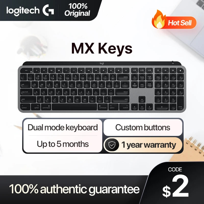 Logitech MX Keys Teclado sem Fio, Bluetooth, Office, 104 Teclas, Recarregável, Retroiluminado, Ultrafino, Silencioso, Portátil, Executivo para PC, Laptop
