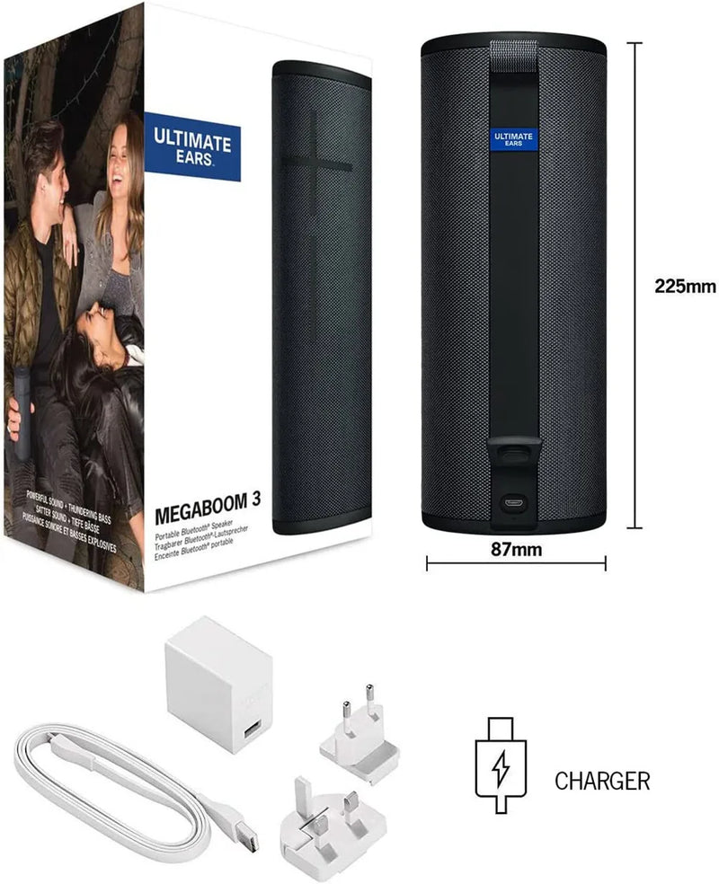 Logitech-Ultimate Ears MEGABOOM 3 Alto-falante Bluetooth portátil sem fio, poderoso som baixo, botão Magic, à prova d'água