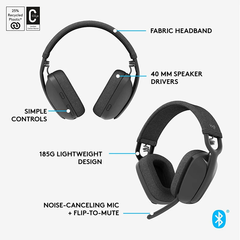Logitech Zone Vibe 100 Lightweight Wireless Headphones com microfone, cancelamento de ruído, multiponto avançado, Bluetooth, Gaming Hedest