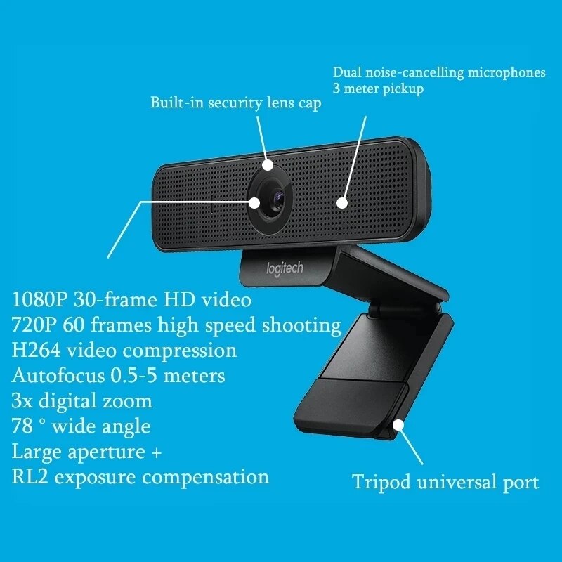 Logitech c925e 1080p webcam autofoco usb cam com vídeo hd e microfones estéreo embutido profissional grande angular cam