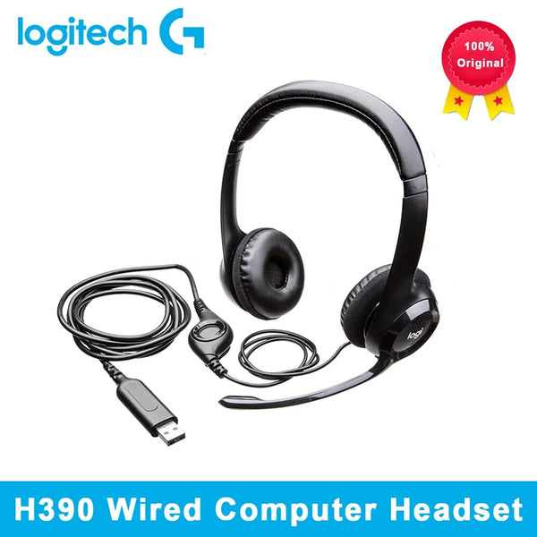 Logitech-fone de ouvido com fio original h390 h340 com microfone, dobrável, 2,33 m, usb, estéreo, para escritório