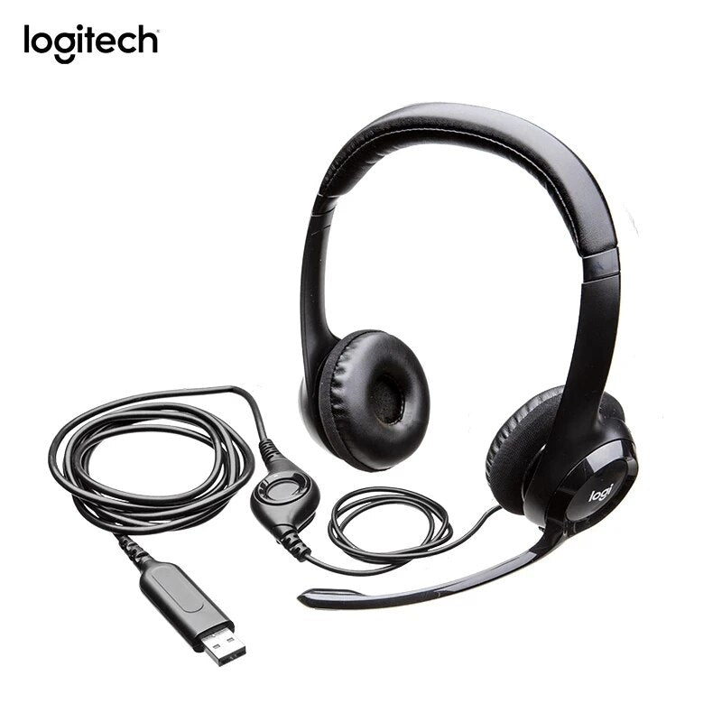 Logitech-fone de ouvido com fio original h390 h340 com microfone, dobrável, 2,33 m, usb, estéreo, para escritório