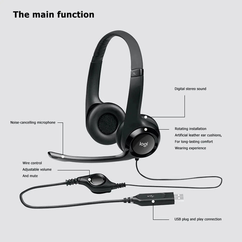 Logitech-fone de ouvido com fio original h390 h340 com microfone, dobrável, 2,33 m, usb, estéreo, para escritório
