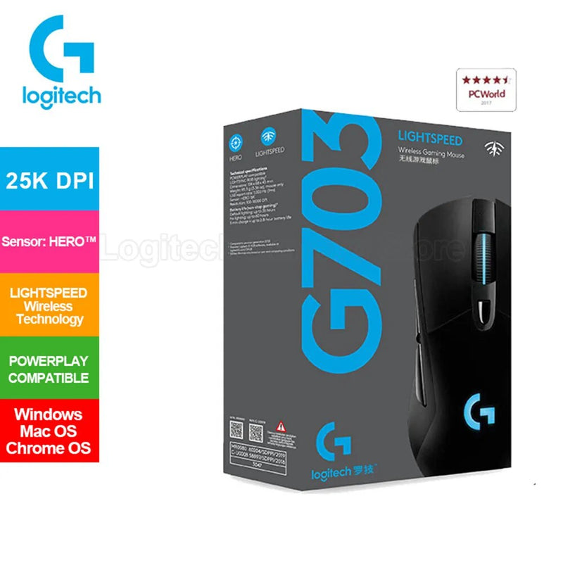 Logitech g703 herói lightspeed gaming mouse com 25k dpi 1ms taxa de relatório powerplay compatível braço de 32 bits mouse sem fio