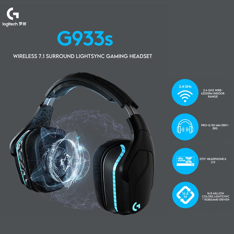 Logitech g933s lightsync sem fio gaming headset 7.1 surround rgb gaming dts dolby fone de ouvido para gamers g935 100% novo