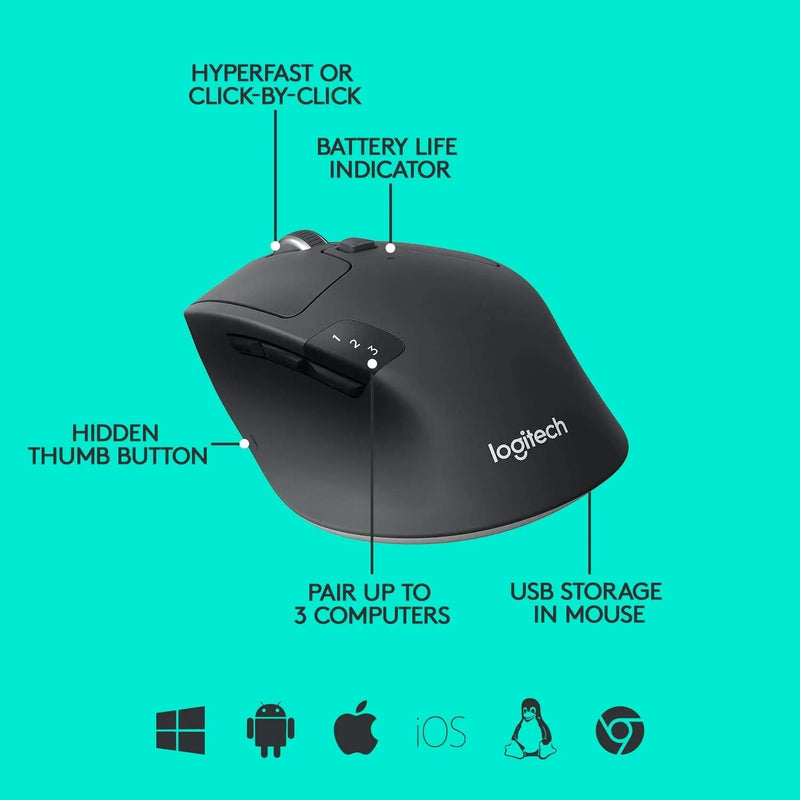 Logitech-mouse sem fio m720, triathlon multi-dispositivo, bluetooth, usb, receptor unificador, 1000 dpi, 8 botões, para laptop, pc, mac, ipad