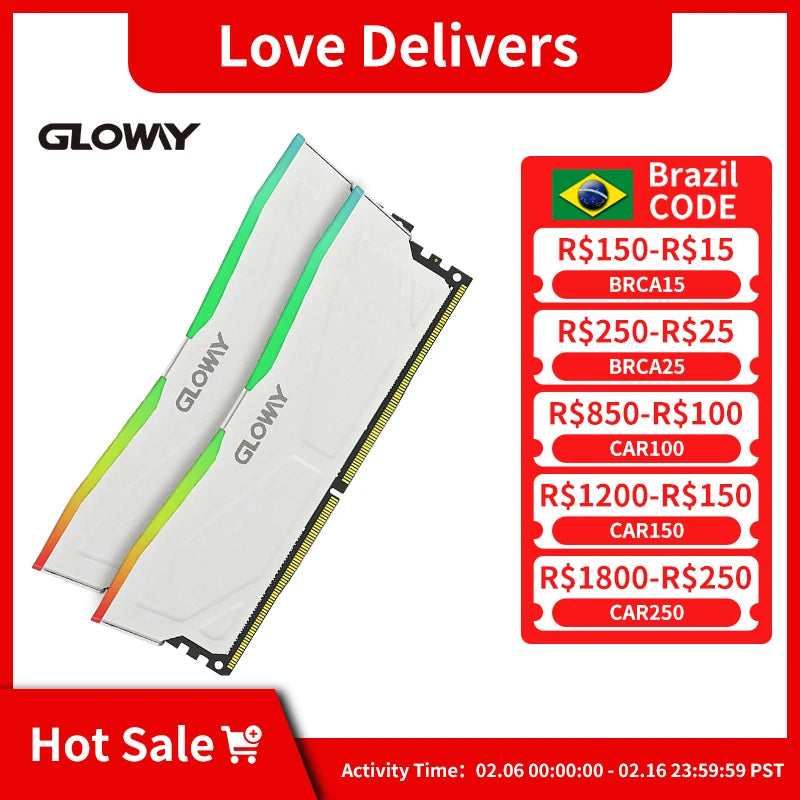 Memória RAM Gloway-DDR4 RGB, RGB DDR4, Série Abyss, Memória Desktop Branca, 8G x 2, 16GB, 3200MHz, 3600MHz