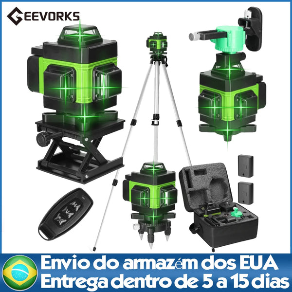 Nível Laser recarregável portátil com tripé, controle remoto sem fio, Nível Laser verde, 16 linhas, 1,2 m, baterias de lítio 2400mAh, 4D, 2pcs