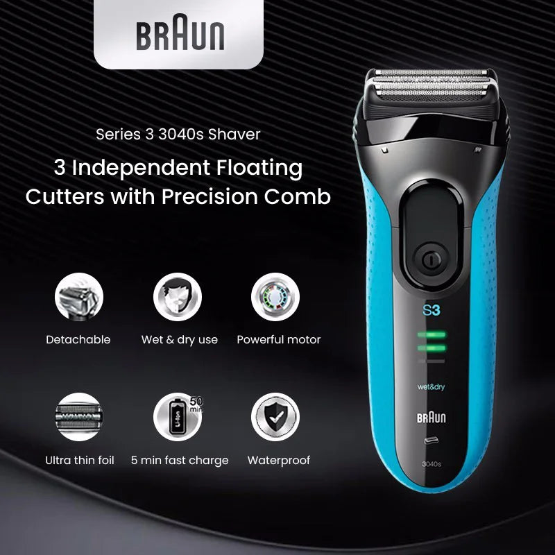 Original braun 3040s barbeador elétrico recarregável triplo lâmina reciprocating navalha seco & molhado aparador de precisão de barbear segurança