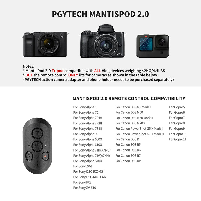PGYTECH-MANTISPOD Mini Câmera Vlogging Tripé, Bluetooth 2.0, 6 Modos, Viagem Pequena, DSLR Flexível, Suporte de Bolso com Controle Remoto