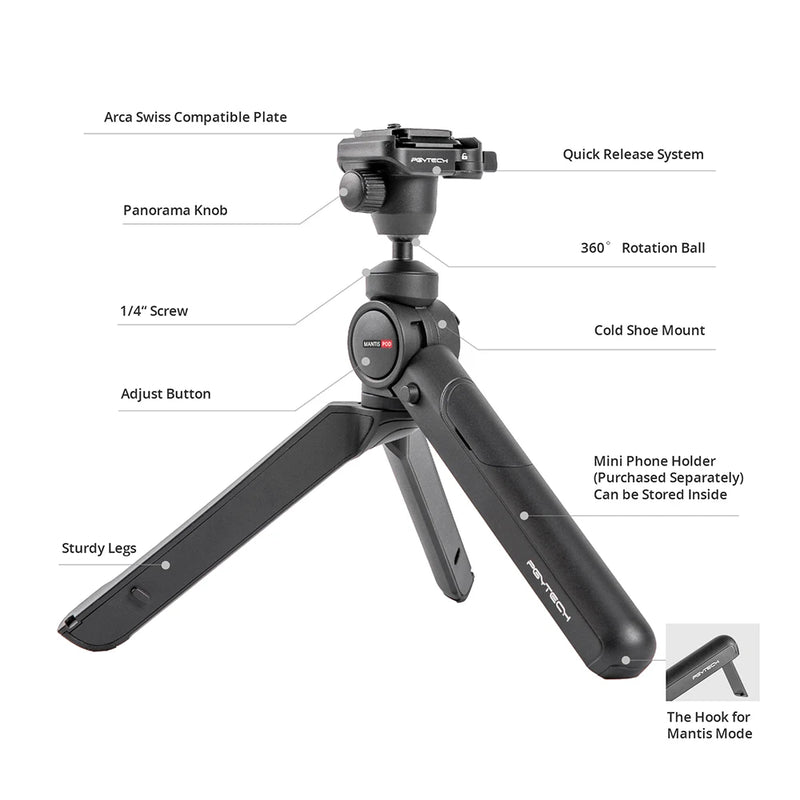 PGYTECH-MANTISPOD Mini Câmera Vlogging Tripé, Bluetooth 2.0, 6 Modos, Viagem Pequena, DSLR Flexível, Suporte de Bolso com Controle Remoto