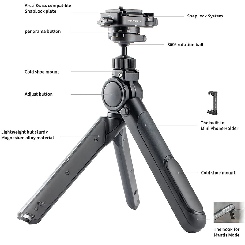 PGYTECH-MANTISPOD PRO Mini Câmera e Suporte para Tripé para Celular, 7 Modos, Pequeno, Viagem, Flexível, Vlogging, Desktop, Selfie