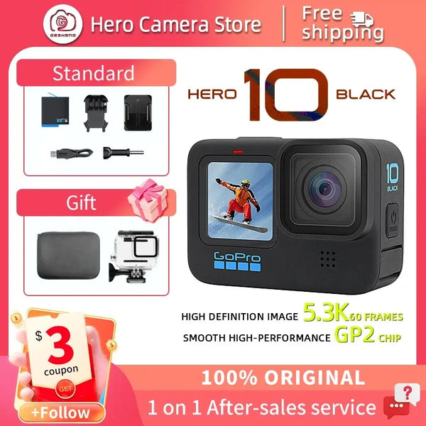 (Pagamento do imposto DDU ) Mini câmera com acessórios incluídos GoPro-HERO10 Câmera De Ação, 5.3K Câmera De Vídeo De Ciclismo, Chip GP2, Capacete 23MP HD, Câmera De Esportes Preto, Original
