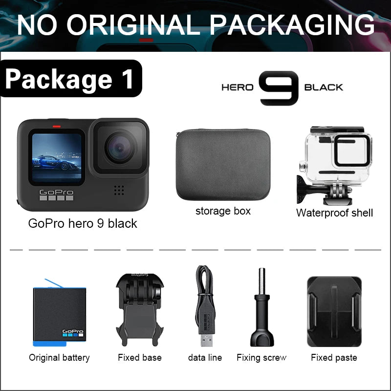 (Pagamento do imposto DDU ) Mini câmera com acessórios incluídos  GoPro-Hero 9 Black Action Camera, 4K, 5.2K Vídeo, 20MP, Tela frontal colorida, Capacete ao vivo, Câmera esportiva
