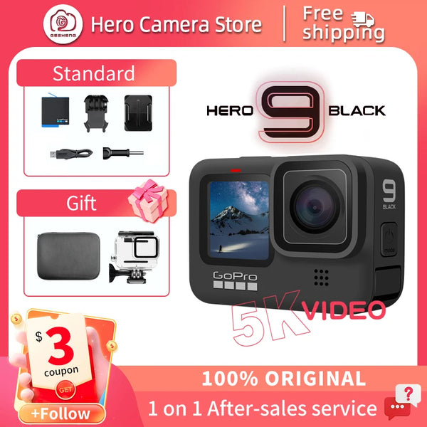 (Pagamento do imposto DDU ) Mini câmera com acessórios incluídos  GoPro-Hero 9 Black Action Camera, 4K, 5.2K Vídeo, 20MP, Tela frontal colorida, Capacete ao vivo, Câmera esportiva