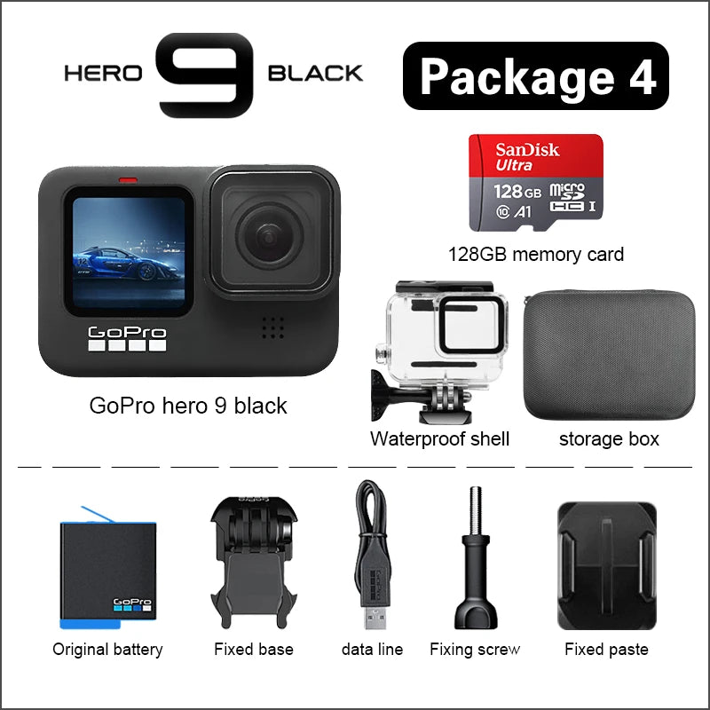 (Pagamento do imposto DDU ) Mini câmera com acessórios incluídos  GoPro-Hero 9 Black Action Camera, 4K, 5.2K Vídeo, 20MP, Tela frontal colorida, Capacete ao vivo, Câmera esportiva