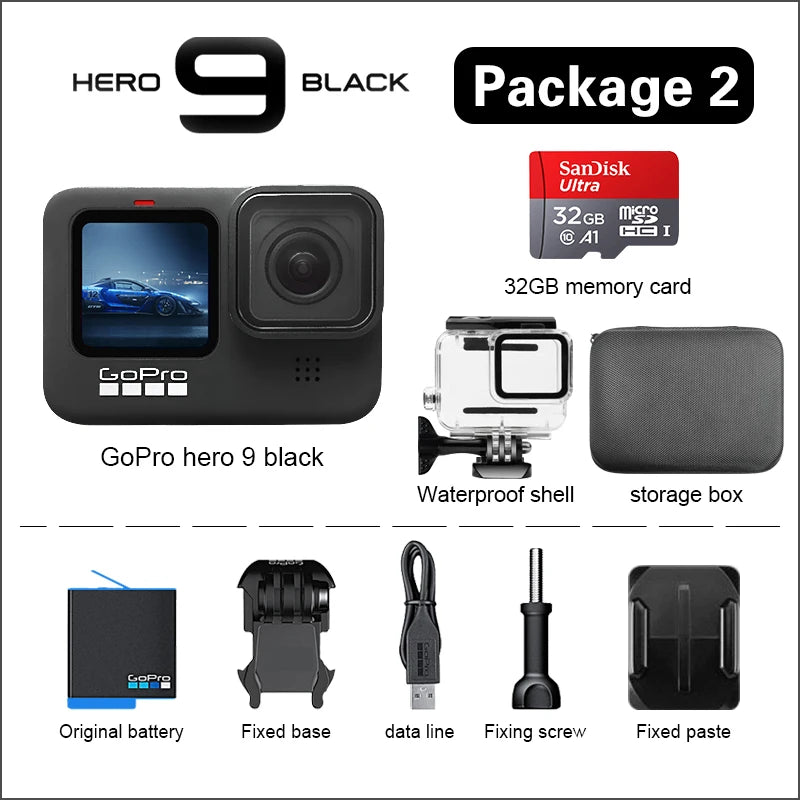 (Pagamento do imposto DDU ) Mini câmera com acessórios incluídos  GoPro-Hero 9 Black Action Camera, 4K, 5.2K Vídeo, 20MP, Tela frontal colorida, Capacete ao vivo, Câmera esportiva