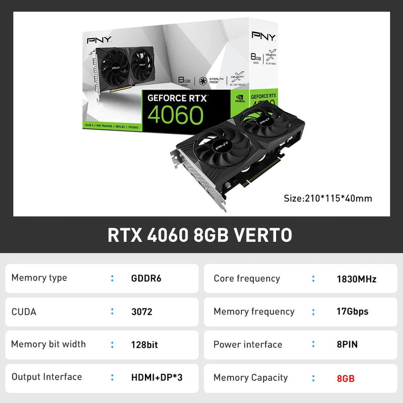 Placa gráfica PNY GeForce RTX 4060 Gaming, Placas de Vídeo, 8GB, GDDR6, Nvidia RTX4060, 8Pin, 128Bit, 4060, Novo