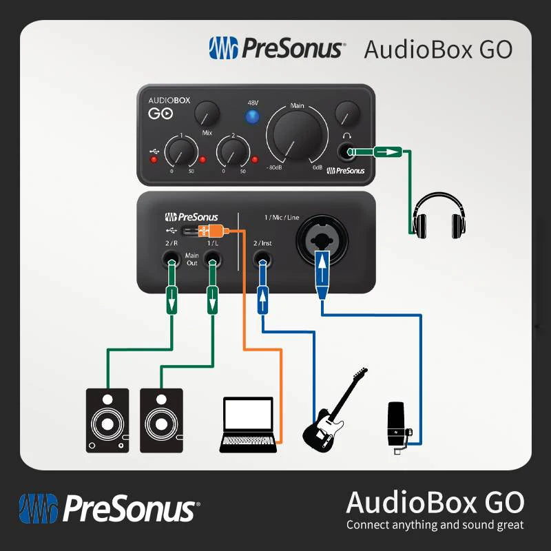 Presonus AudioBox GO Portable Audio Interface, 2 em 2 Out, Profissional XMAX-L Mic Preamp para Gravação Doméstica e Móvel