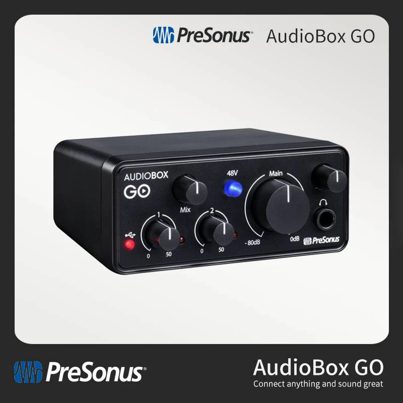 Presonus AudioBox GO Portable Audio Interface, 2 em 2 Out, Profissional XMAX-L Mic Preamp para Gravação Doméstica e Móvel