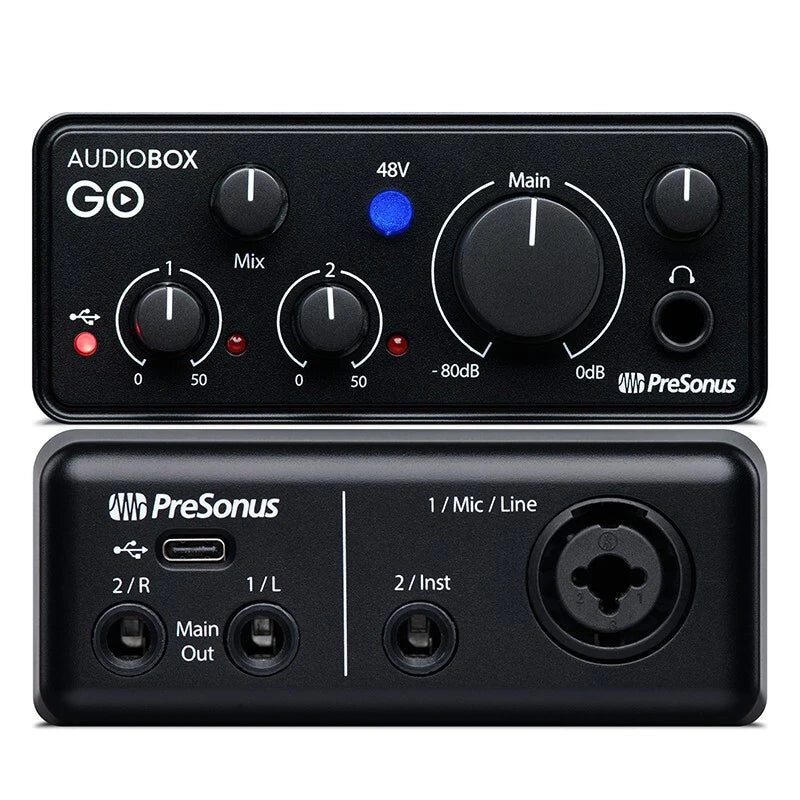 Presonus AudioBox GO Portable Audio Interface, 2 em 2 Out, Profissional XMAX-L Mic Preamp para Gravação Doméstica e Móvel