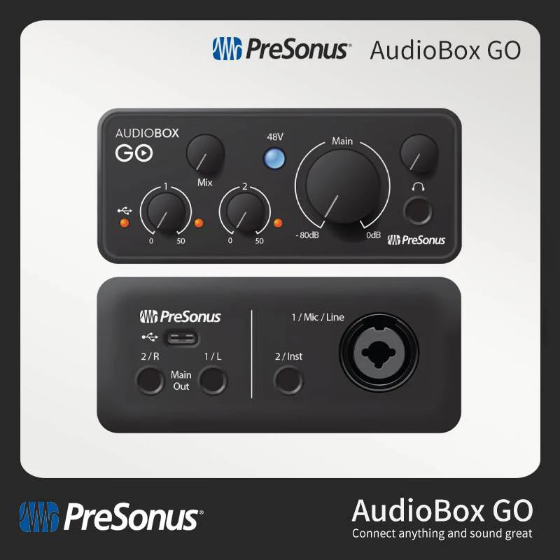 Presonus AudioBox GO Portable Audio Interface, 2 em 2 Out, Profissional XMAX-L Mic Preamp para Gravação Doméstica e Móvel