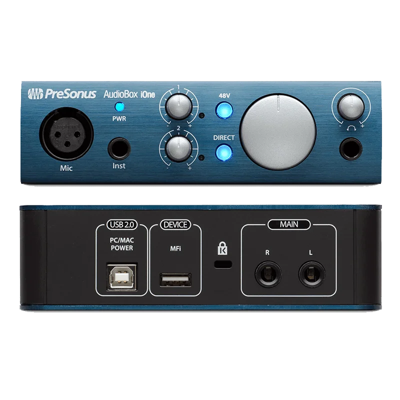 Presonus audiobox ione usb placa de som externo 2 em 2 para fora 48v fonte de alimentação fantasma para guitarristas e compositores