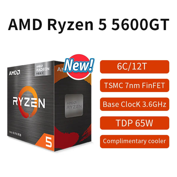 Processador AMD Ryzen 5 CPU Desktop Gamer, R5 5600GT Box, R5 5600GT, 3,6 GHz, 6 núcleos, 12 thread, soquete 65W, AM4, Novo