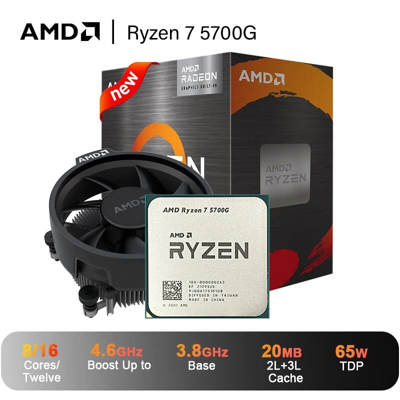 Processador de desktop desbloqueado com placa gráfica Radeon, 7 5700G, R7 5700G, 8 núcleos, 16 thread, 100-100000263, soquete de caixa, AM4