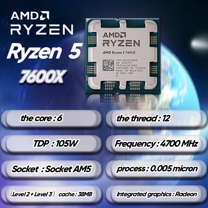 Processador do Amd-Ryzen 5 7600x, r5 7600x, 4.7 ghz, 6-core, 12-thread, cpu, soquete am5, novo, 100-000000593, 5nm, l3 = 32m, 100 000000593