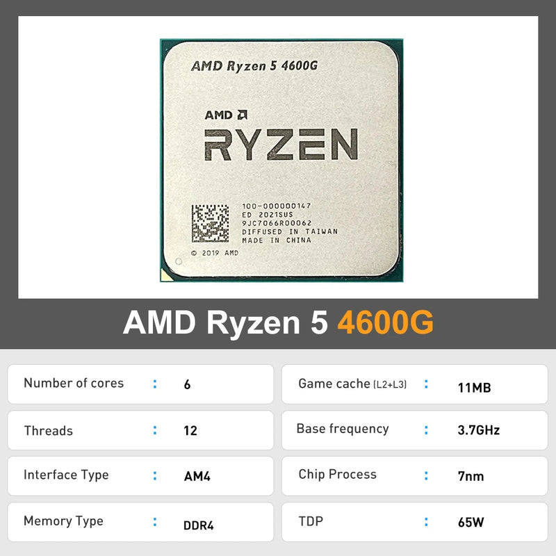 Processador para CPU AMD Ryzen 5, R5 4600G, 3,7 GHz, 6 núcleos, 12 thread, 7NM, L3 = 8M, 100-000000147, AM4, Novo, mas sem refrigerador