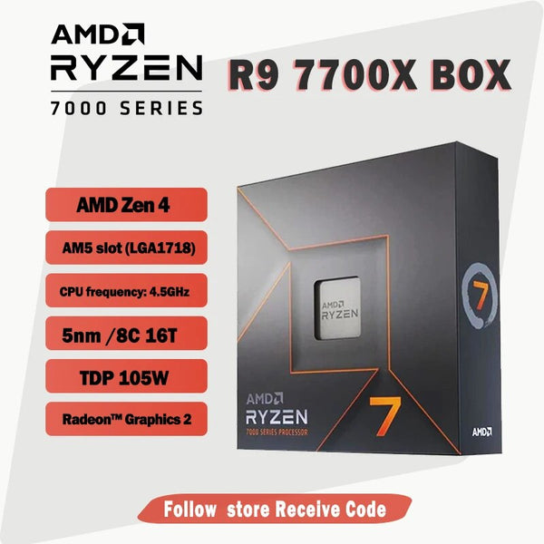 Processador para CPU AMD Ryzen 7, R7 7700X, 100-000000591, 4,5 GHz, 8 núcleos, 16 thread, 5nm, Zen 4, Soquete 105W, AM5 LGA1718, Sem ventilador, Novo
