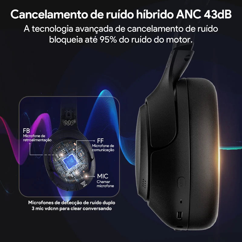 QCY-H3 ANC Auscultadores sem fios, Bluetooth 5.4, Hi-Res Audio, Over Ear Headset, híbrido Active Cancelamento de Ruído, Auscultadores, 60H, 43dB