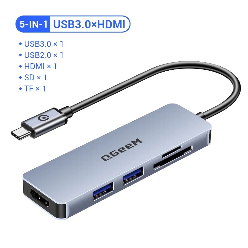 QGeeM-Hub USB C para Macbook Pro, Dock Splitter, Adaptador, PD, HDMI, RJ45, TF, SD, 3,5mm, Aux, Tipo C, iPad Pro, 8 em 1