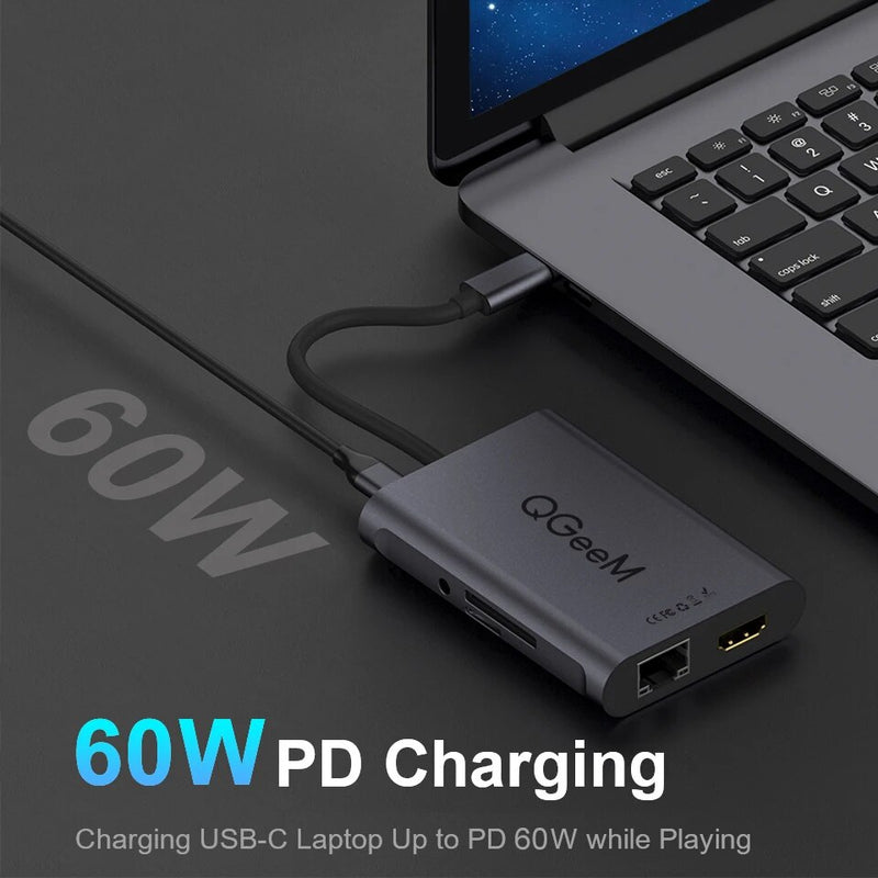 QGeeM-Hub USB C para Macbook Pro, Dock Splitter, Adaptador, PD, HDMI, RJ45, TF, SD, 3,5mm, Aux, Tipo C, iPad Pro, 8 em 1